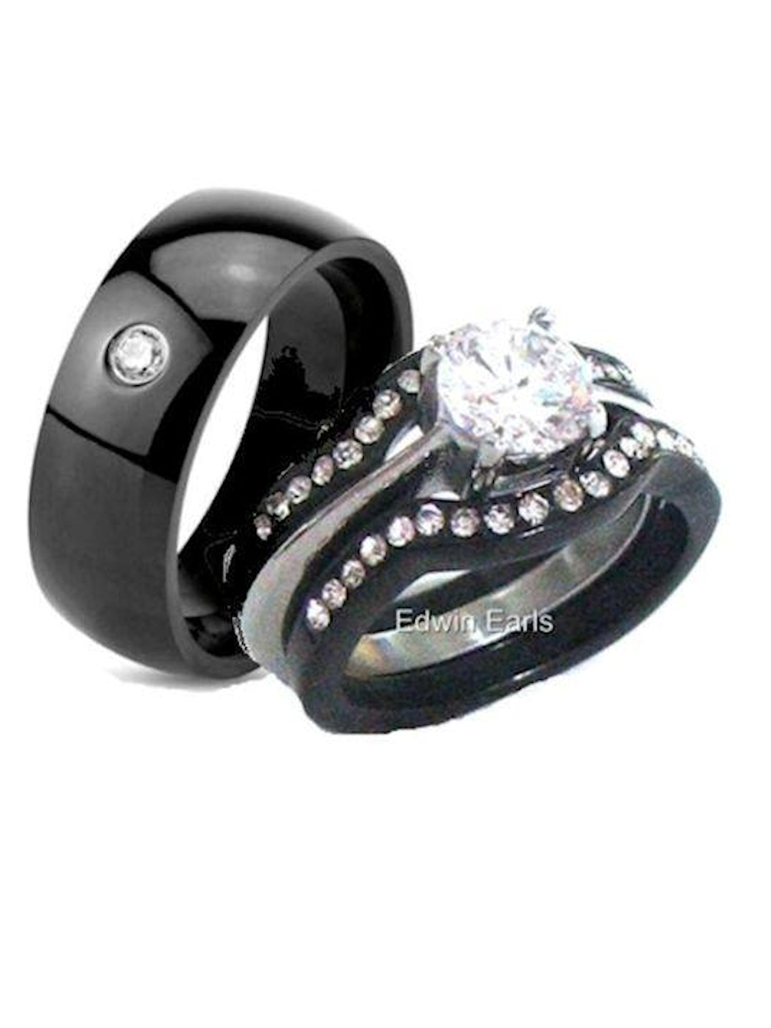 His Hers 4 Piece CZ Black Plated Stainless Steel Matching Wedding Band Ring Set