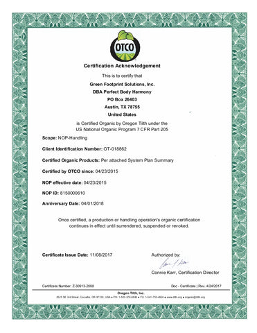 Perfect Body Harmony Organic Certification