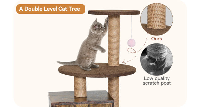 Meow cat litter box enclosure has double level cat tree
