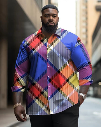 Men's Plus Size Casual Color Plaid Long Sleeve Lapel  Shirt