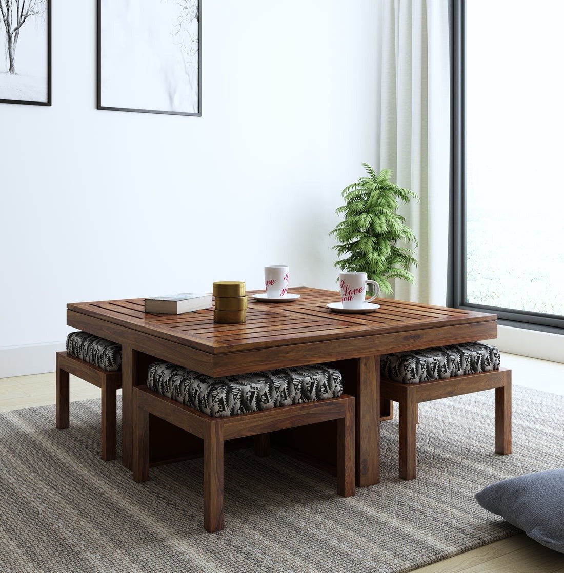 Joseph Solid Wood Coffee Table Centre Table With 4 Seating Stool