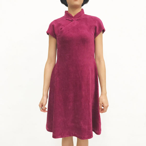 Corduroy Qipao Dress, Burgundy