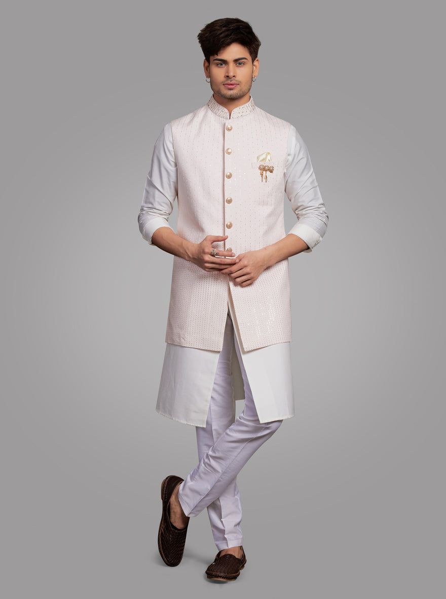 Buy Pink Jacket And Kurta Set With Floral Motif Thread Work