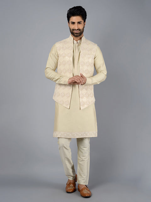 White Colour Kurta Pajama Jacket in Art Silk Fabric.