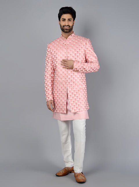 Solid Color Brocade Jodhpuri Suit in Peach (46) - Ucchal Fashion