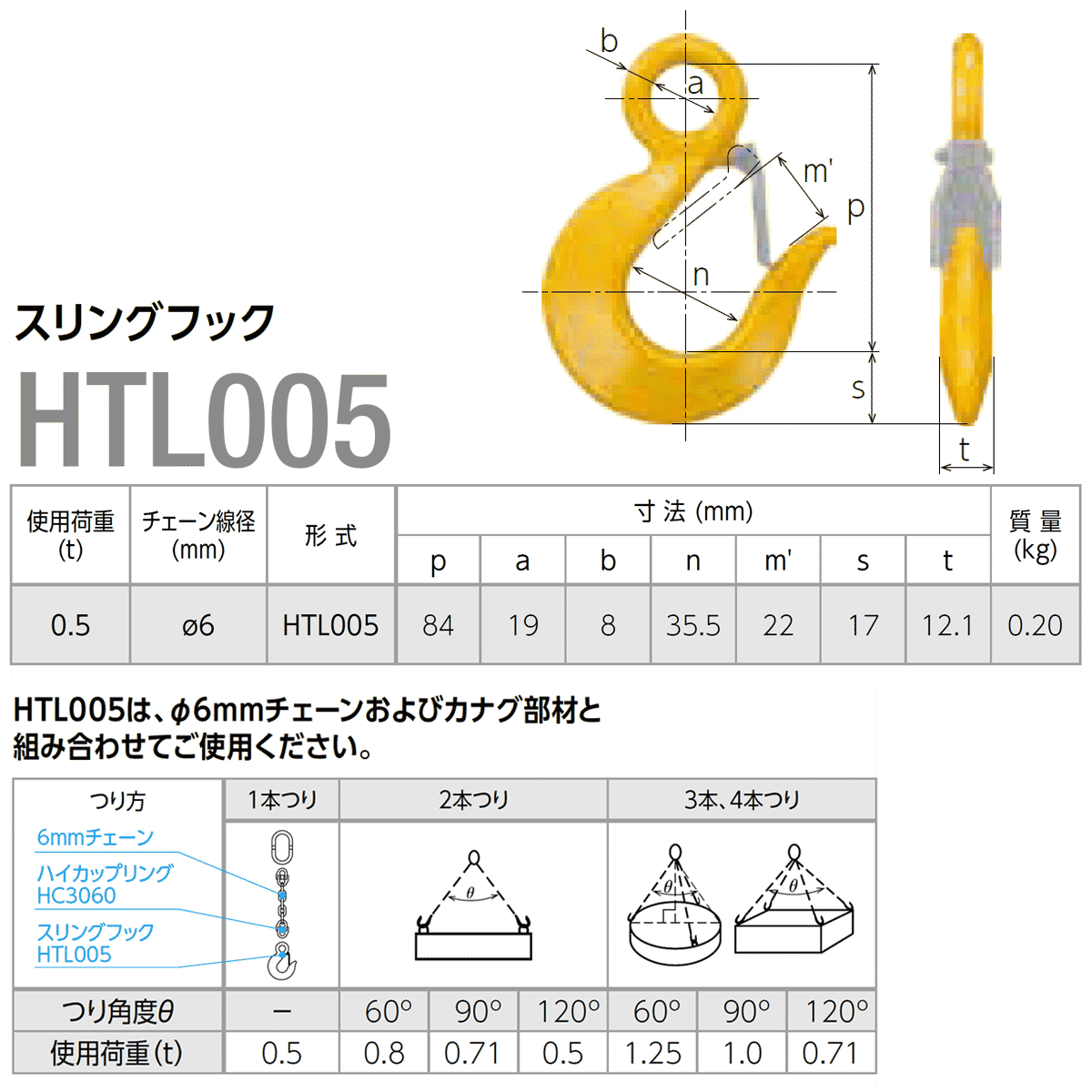 小型スリングフックHTL005 使用荷重0.5t（アイタイプ）KITO：キトー