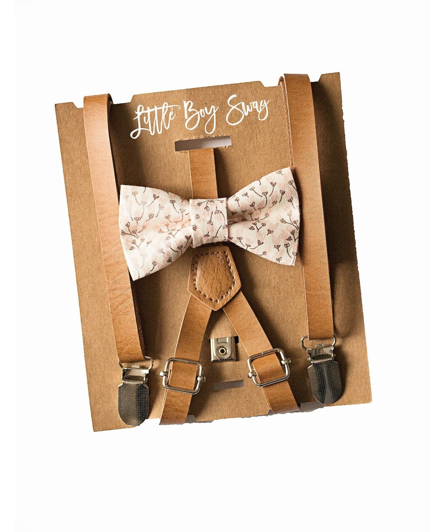 Rustic Skinny Leather Suspenders Blush Floral Bow Tie For Ring