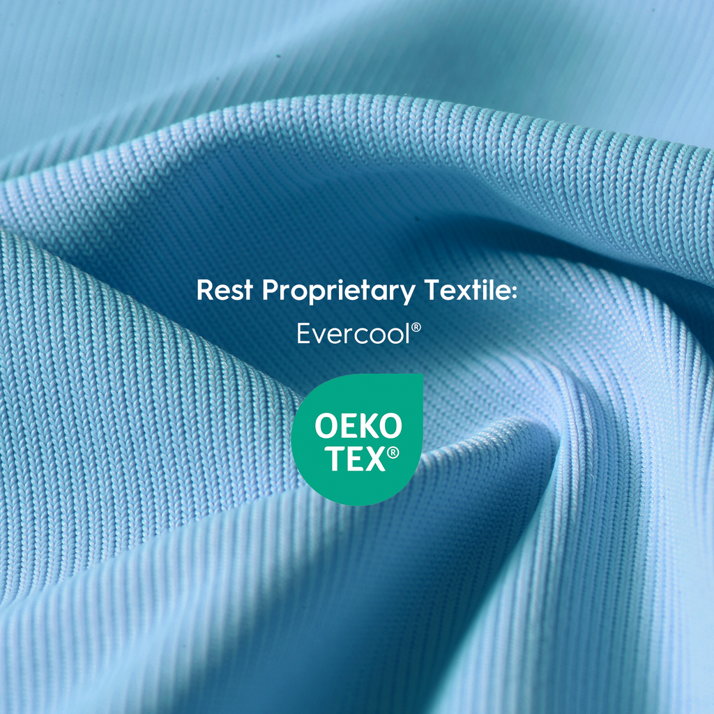 Against the backdrop of a macro shot of the Evercool fabric is: Rest Proprietary textile, Evercool, OEKO-TEX certified