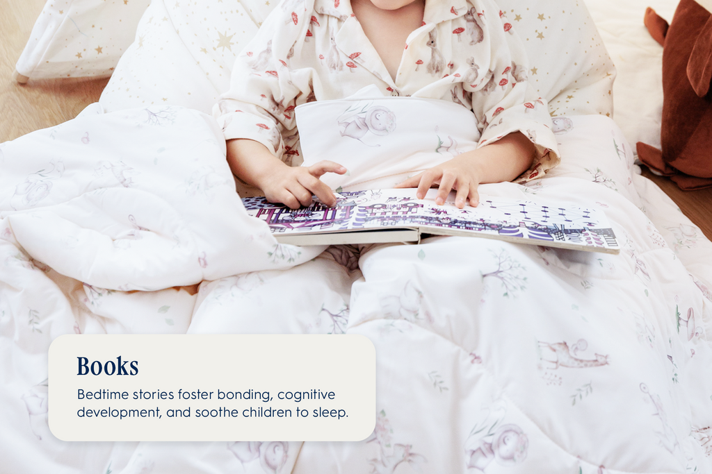 Image of child under covers of Evercool Kids Cooling comforter reading with text that says: BOOKS Bedtime stories foster bonding, cognitive development, and soothe children to sleep.