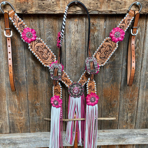 Light Oil Whipstitch Pink and White One Ear & Breastcollar Tack Set - Coffman Tack - Pink Horse Tack