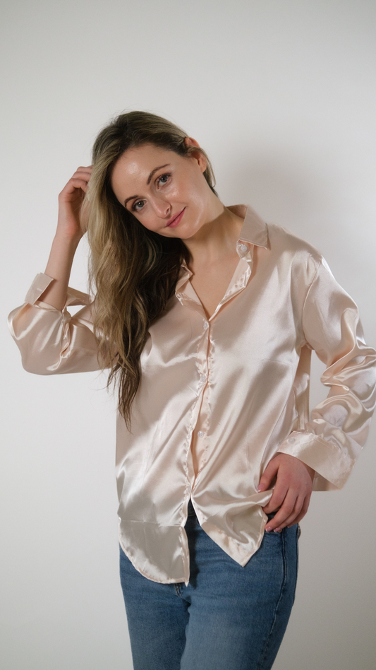 Beige Silk Satin Plain Long Sleeve Solid Print Loose Shirt