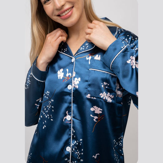 Blue Plain Soft Cotton Long Sleeve Night Suit Women's Silk