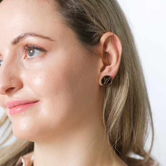 Large Round Black Elegant Rose Gold Plated Stud Earrings