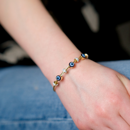 Blue Evil Eye Brass Gold Zircon Magnetic Bangle Bracelet