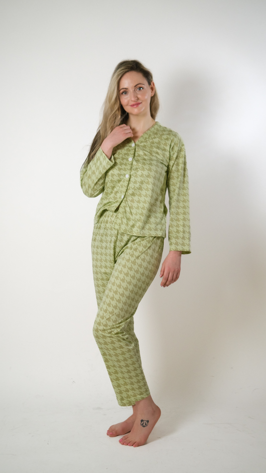 Olive Green Dog Tooth Full Sleeve Cotton nightwear women Pyjama Set