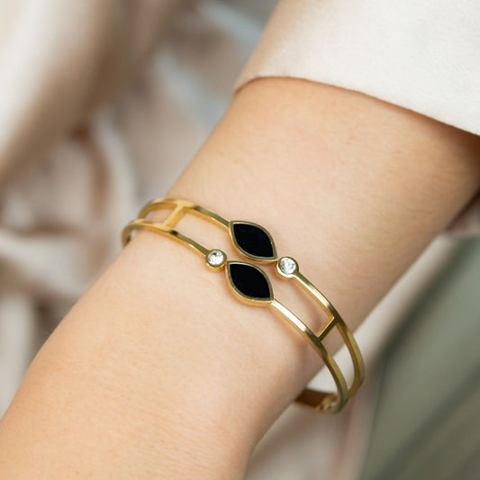 Two Black Leaf Zircon Gold Lightweight Minimalist Stacking Bangle