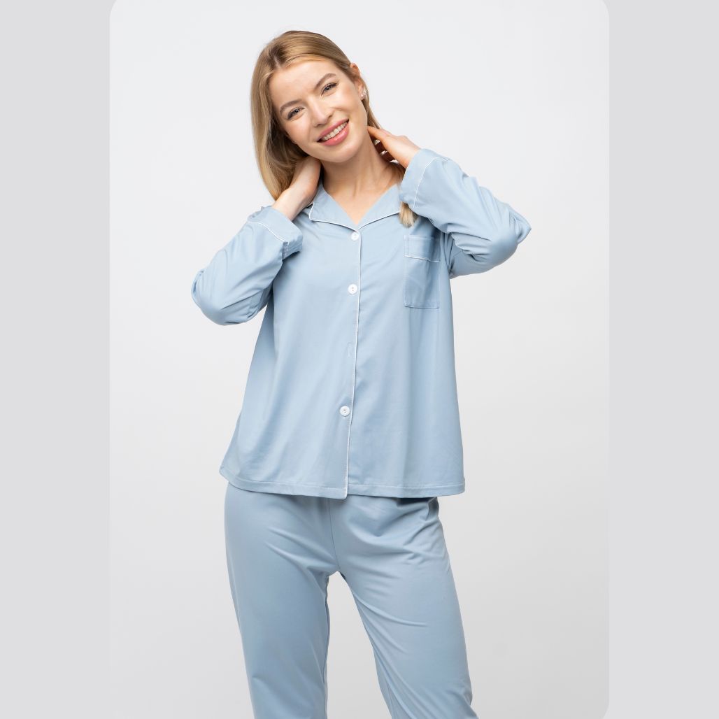 Blue Plain Soft Cotton Long Sleeve Night Suit Women s Silk