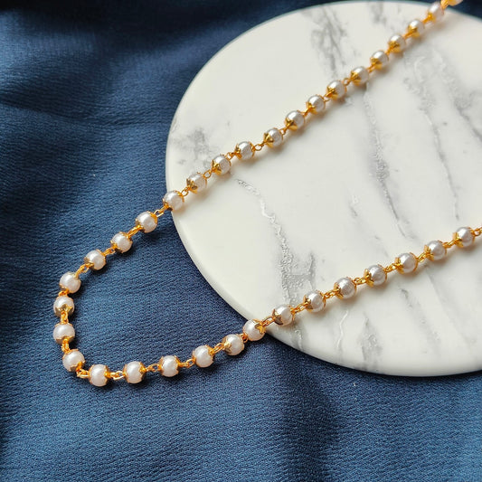 Single Strand Ethnic Beaded Brass Lightweight Unisex White Pearl Mala Necklace