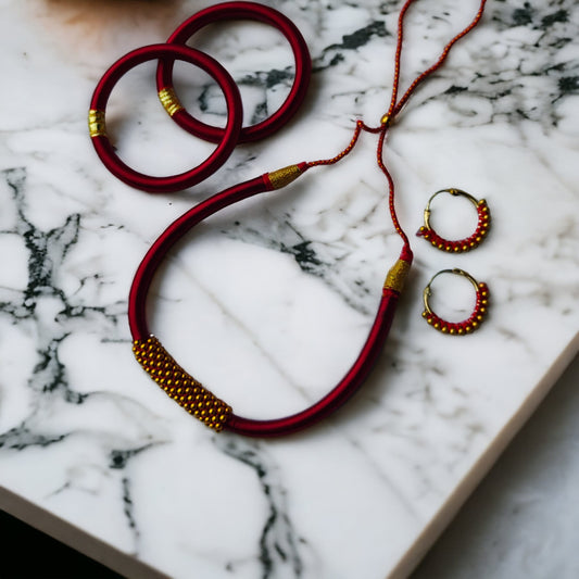 Red Silk Thread Handmade Adjustable Choker Bangle and Earring Set