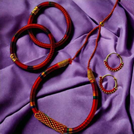 Colourful Rainbow Silk Thread Handmade Adjustable Choker Bangle and Earring Set