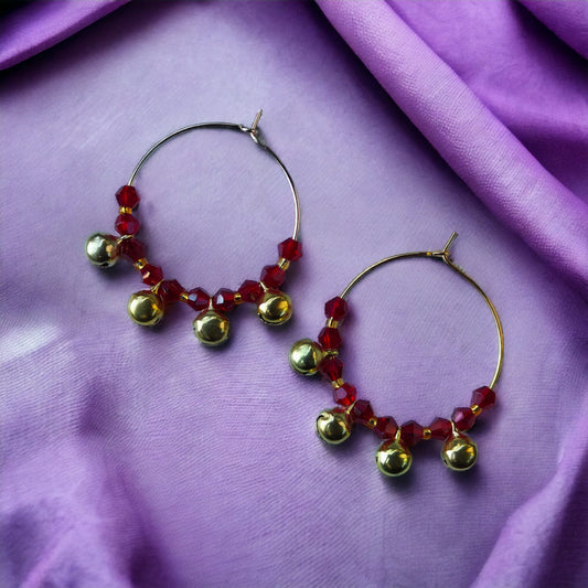 Gold Red Ghungroo 30mm Huggie Multicolour Dainty Boho Summer Hoop Bali Earring