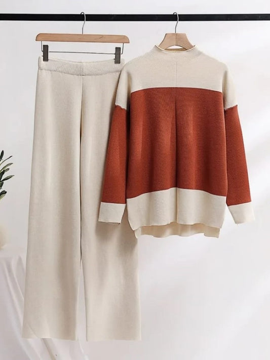 Beige Long Sleeve Knitted Square Top Casual Leg Pant Women's Co-ord Set