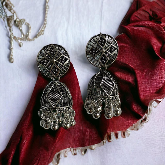 Geometric Indian Oxidised Boho Drop Dome Ethnic Jhumki Earrings