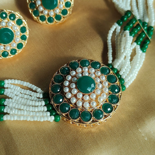 Multi-Strand Ethnic Pearl Green Stone Victorian Bridal Diana Set