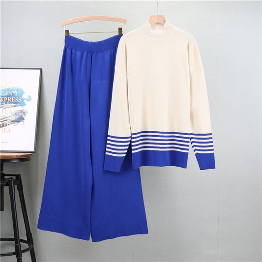 Blue White Free Size Long Sleeve Knitted Casual Leg Pant Women's Co-ord Set