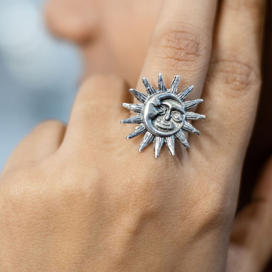 Silver Oxidized Sun Moon Ring