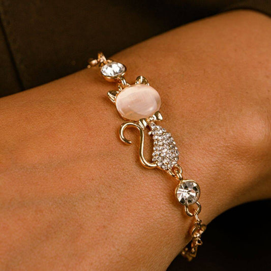 Adjustable Rose Gold Feline Kitten Cat Themed Lovers Meow Zircon Animal Bracelet