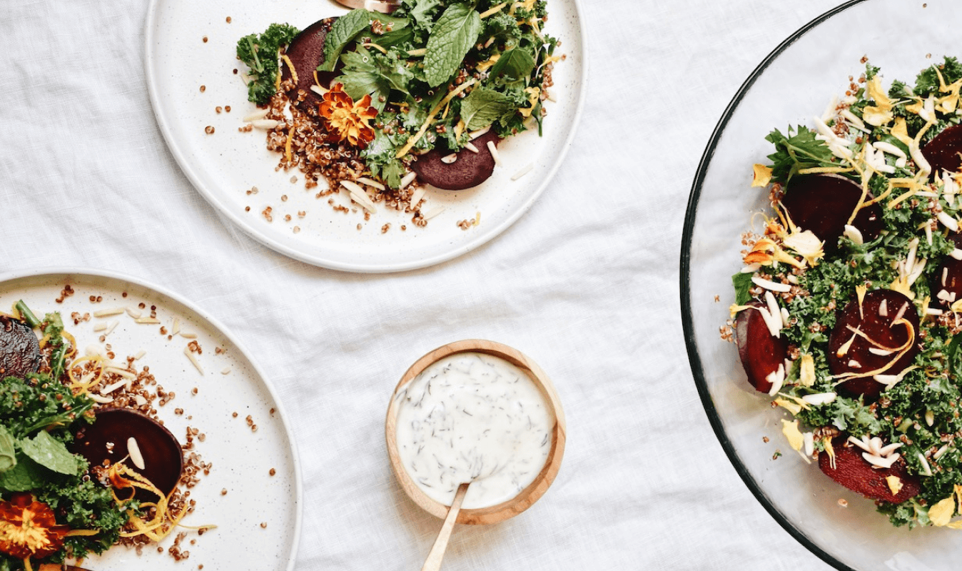 Quinoa, Beetroot, Kale and Orange Salad with Creamy Coconut and Dill Dressing.