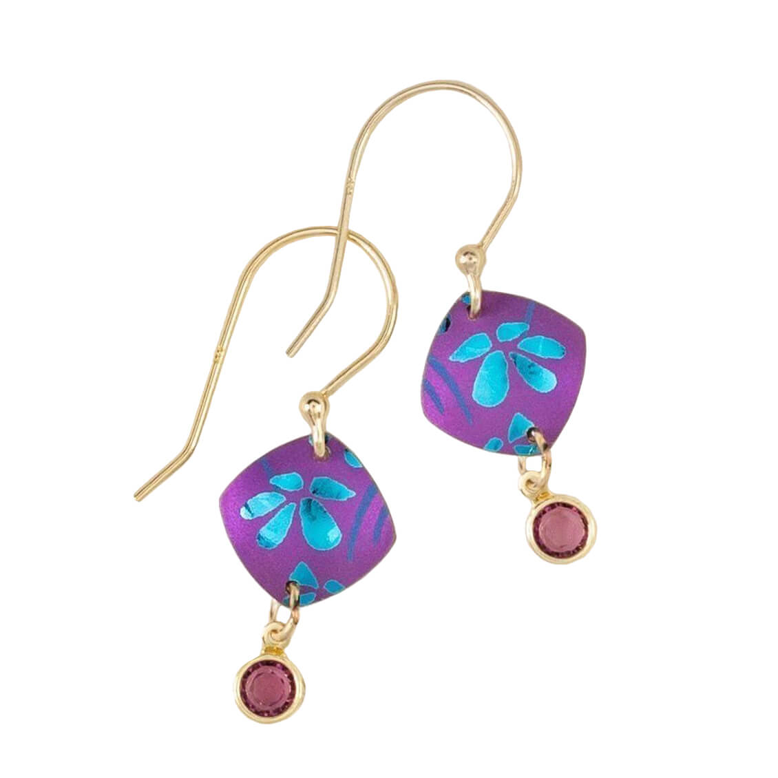 Irredescent Purple Diamond Flower Drop Earrings