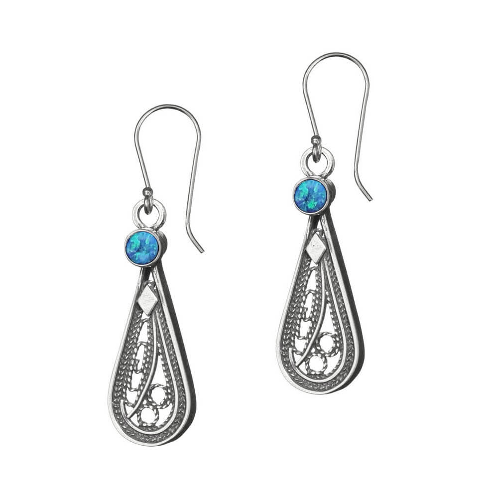 Israeli Yemenite Filigree Teardrop Opal Earrings