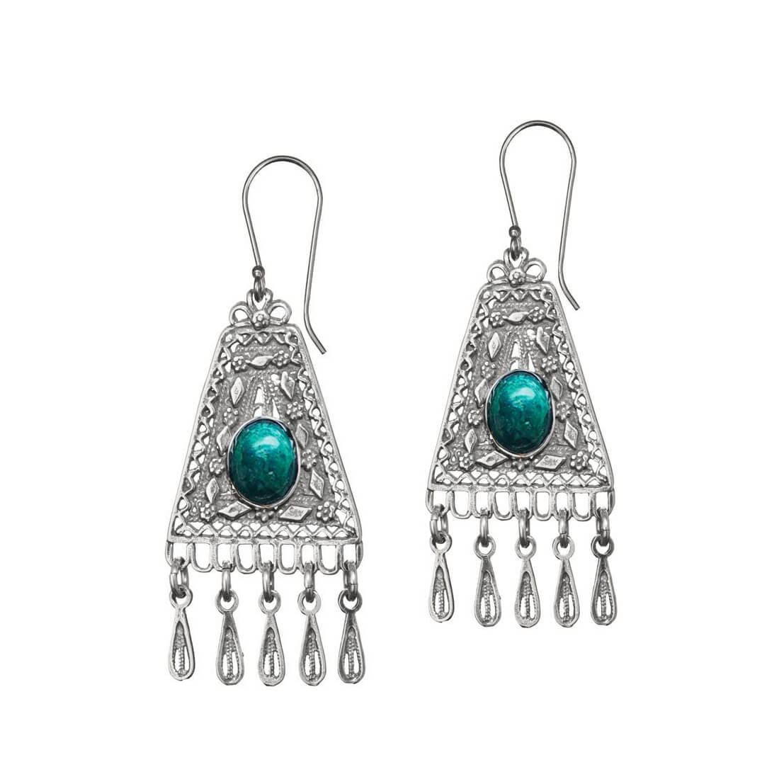 Israeli Yemenite Tiny Flowers Eilat Stone Fringe Earrings