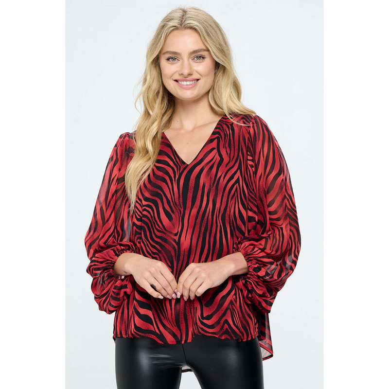 The Vogue Red & Black Tiger V-Neck Bubble Sleeve Top