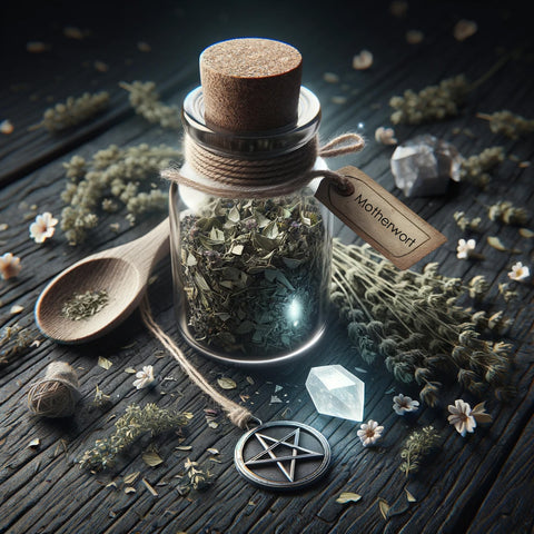 glass spell jar full of motherwort ritual herbs