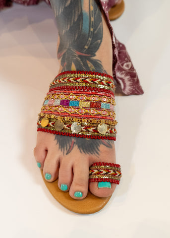 red indian style boho sandal with embelishments