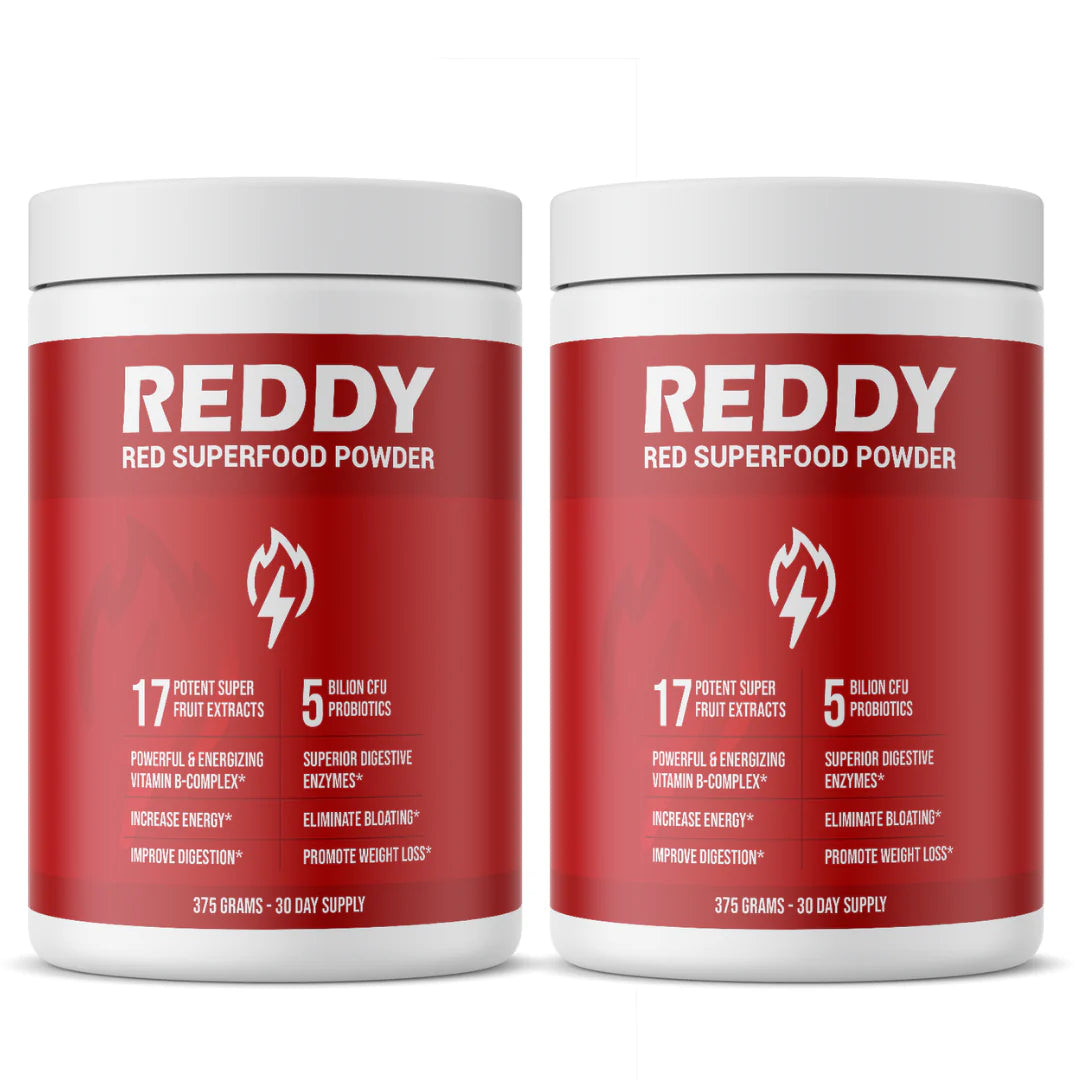 Two containers of REDDY red superfood powder supplement.