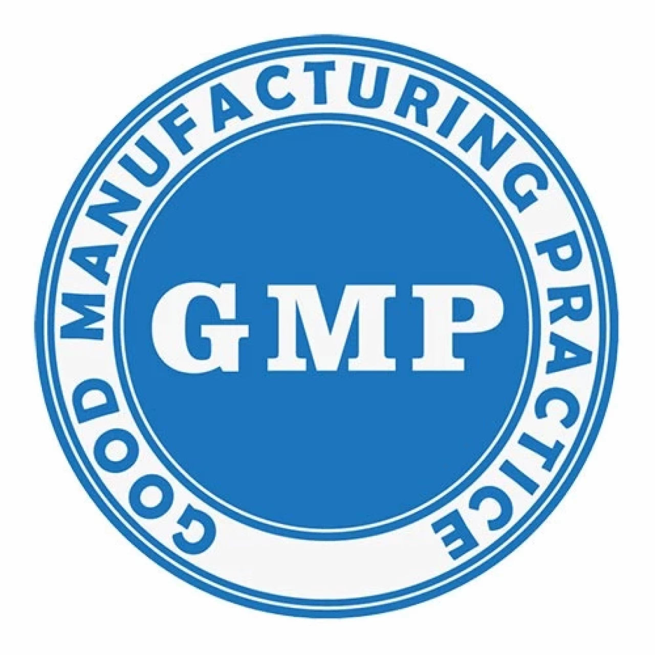 Blue circular logo with 'GMP' in the center and 'GOOD MANUFACTURING PRACTICE' around the edge.