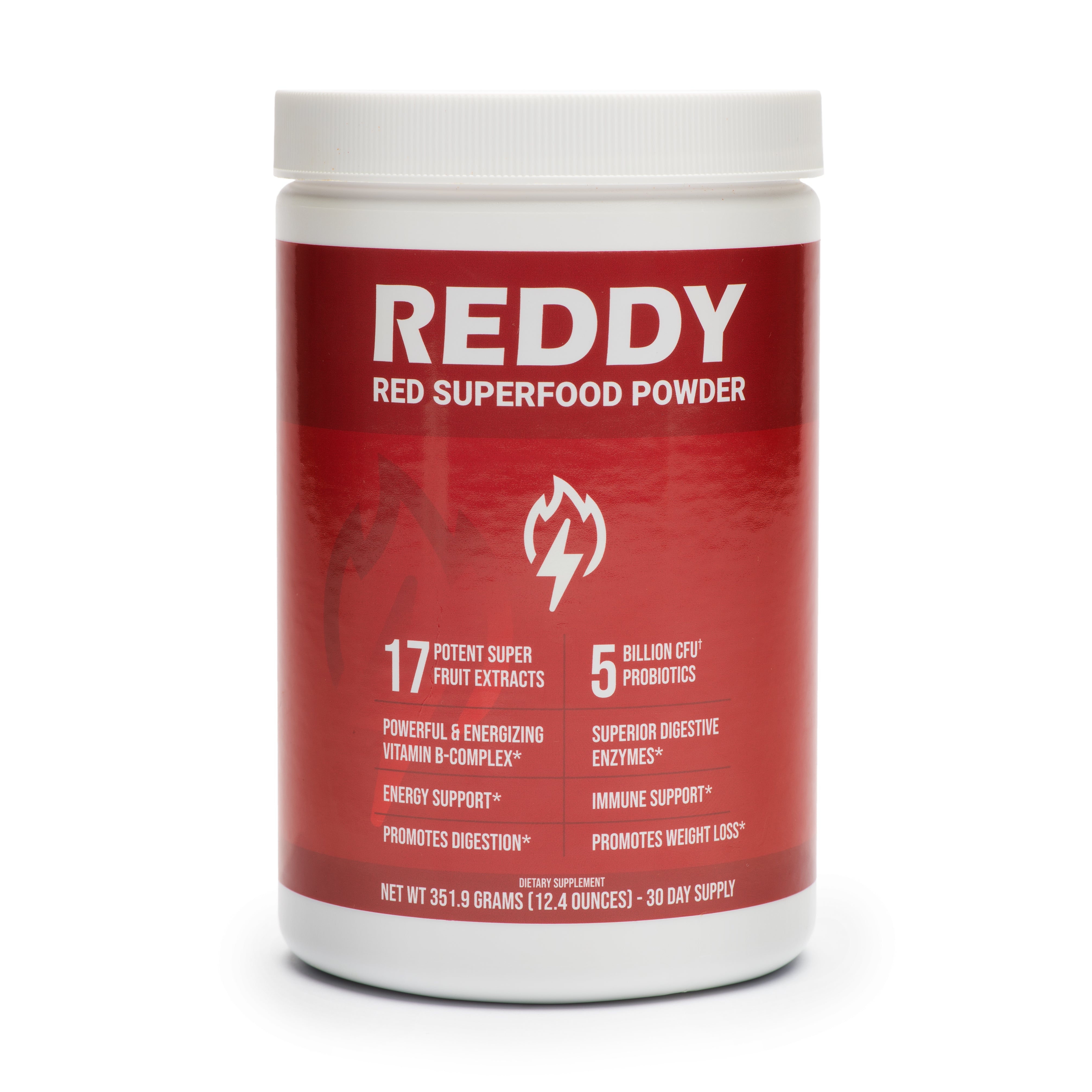 Reddy Red Superfood Powder bottle displayed alongside icons indicating 100% GMO-Free, No Added Sugar, and 30 Natural Ingredients