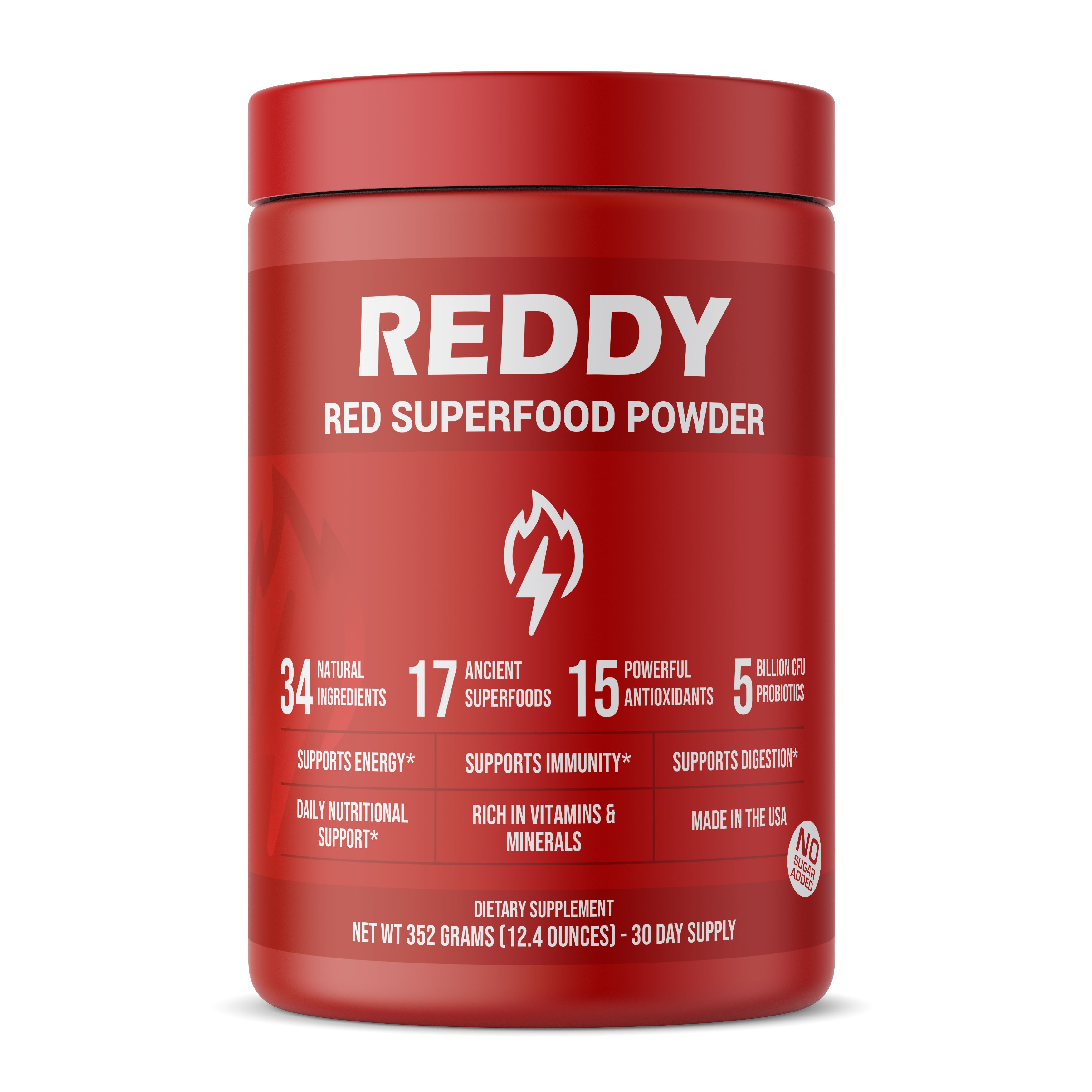 Reddy Red Superfood Powder bottle displayed alongside icons indicating 100% GMO-Free, No Added Sugar, and 30 Natural Ingredients