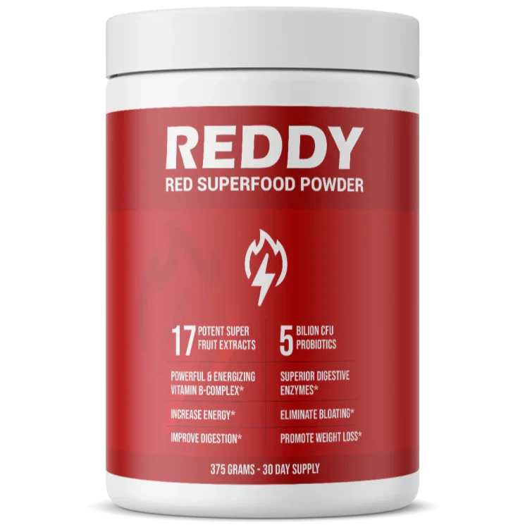 Container of REDDY Red Superfood Powder with health benefit claims and a 30-day supply indication.
