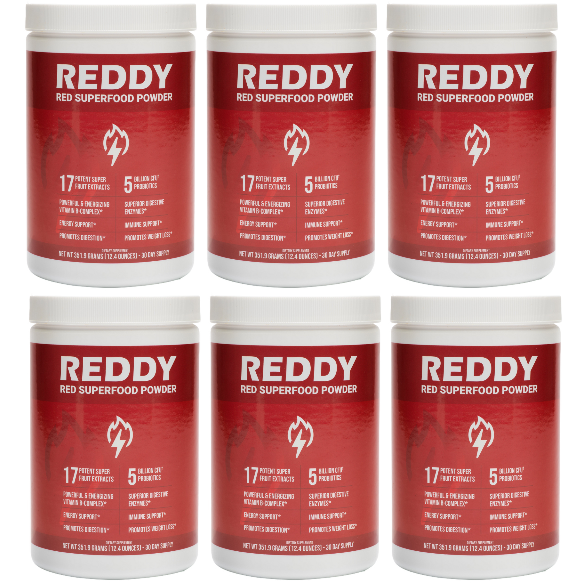 Multiple containers of 'REDDY Red Superfood Powder' supplements against a white background.
