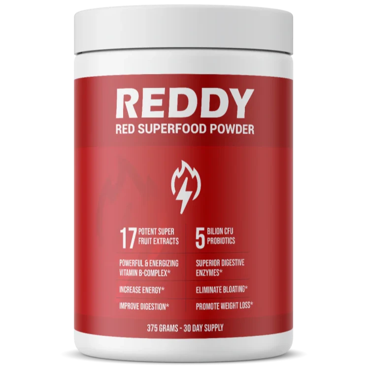 Container of REDDY red superfood powder supplement with health claims.