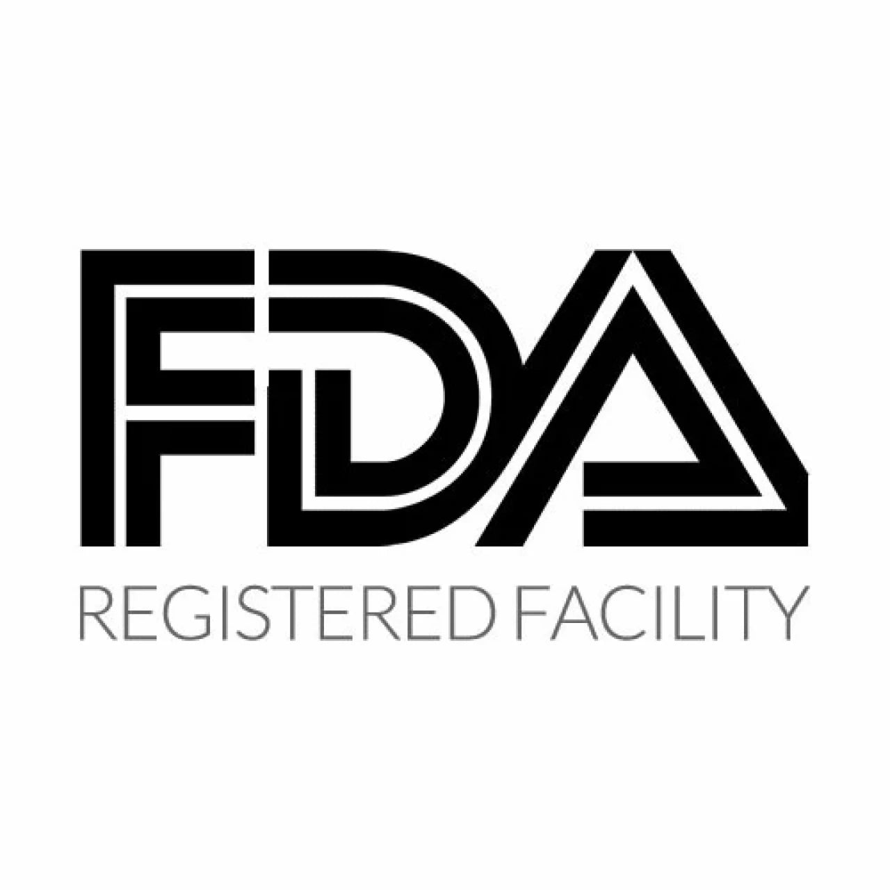 Black and white FDA Registered Facility logo.