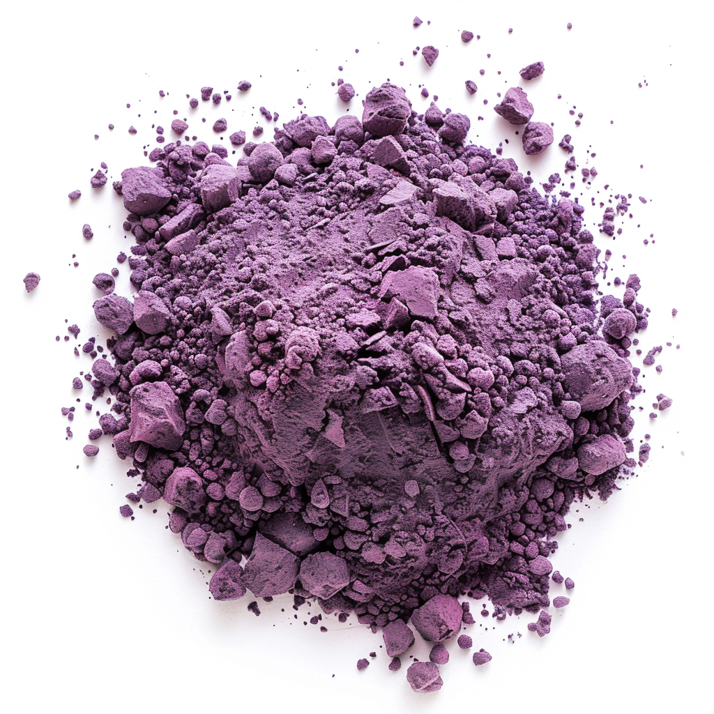 Heap of crushed vibrant purple eyeshadow makeup powder isolated on white background.