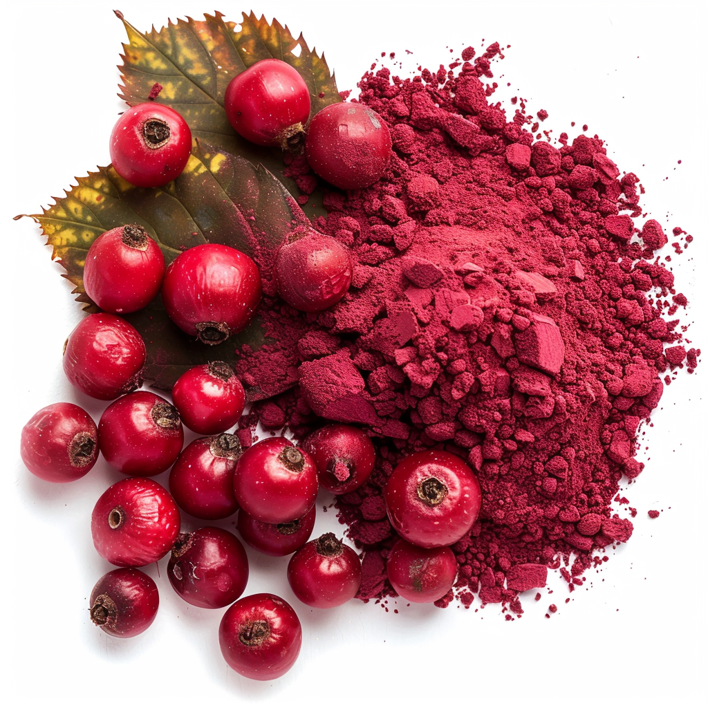 Red hawthorn berries next to their powdered form on a white background.