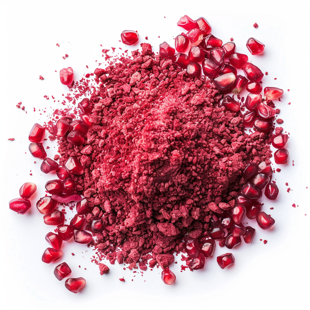Pile of red powder surrounded by pomegranate seeds on a white background.