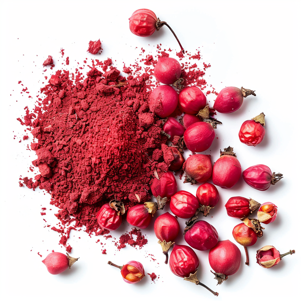 Pile of red powder surrounded by whole and husked berries on a white background.